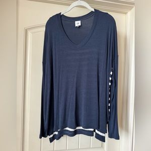 Cabi Medium  Navy Blue Stripe Lighthouse Tunic Top Side Slit Long Sleeve